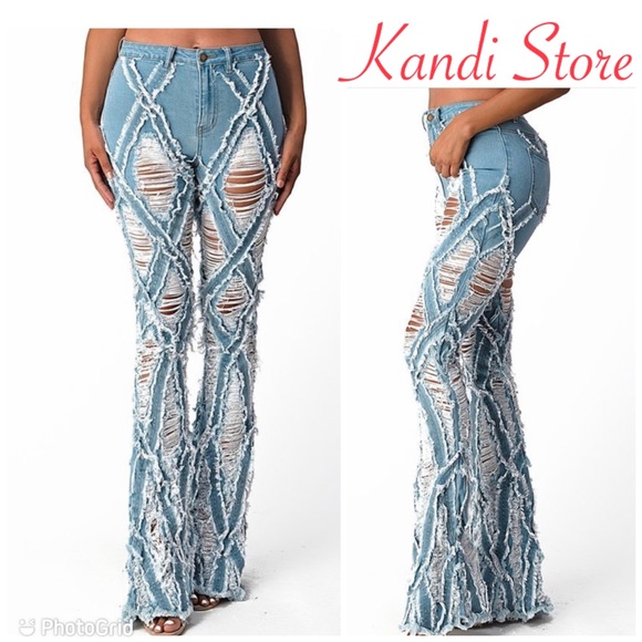 2X 🎉HP🎉 Ripped Flare Denim Pants Destroyed Jeans - Picture 2 of 9